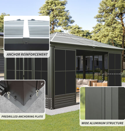 Alora Serenity 12x14 Ft. Premium All-Weather Outdoor Aluminum Sunroom with Galvanized Steel Hardtop Sloping Roof