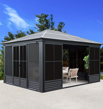 Alora Serenity 12x14 Ft. Premium All-Weather Outdoor Aluminum Sunroom with Galvanized Steel Hardtop Sloping Roof
