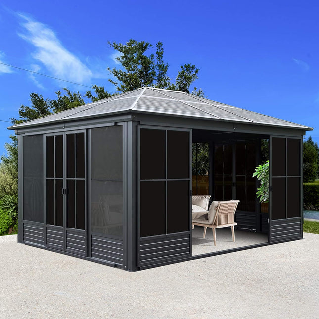 Alora Serenity 12x14 Ft. Premium All-Weather Outdoor Aluminum Sunroom with Galvanized Steel Hardtop Sloping Roof