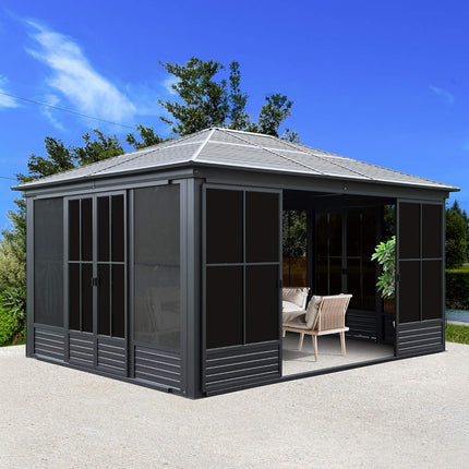 Alora Serenity 12x14 Ft. Premium All-Weather Outdoor Aluminum Sunroom with Galvanized Steel Hardtop Sloping Roof