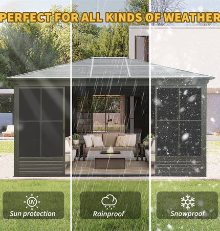 Alora Serenity 12x14 Ft. Premium All-Weather Outdoor Aluminum Sunroom with Galvanized Steel Hardtop Sloping Roof