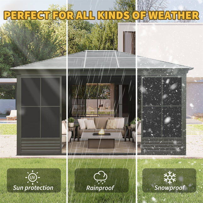 Alora Serenity 12x14 Ft. Premium All-Weather Outdoor Aluminum Sunroom with Galvanized Steel Hardtop Sloping Roof