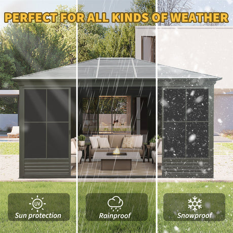 Alora Serenity 12x14 Ft. Premium All-Weather Outdoor Aluminum Sunroom with Galvanized Steel Hardtop Sloping Roof - Sunrooms | Patioza