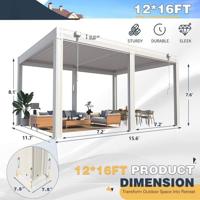 Alora White Louvered Aluminum Pergola With Adjustable Roof And Pull - Down Screens (SAK46817) - Pergolas | Patioza