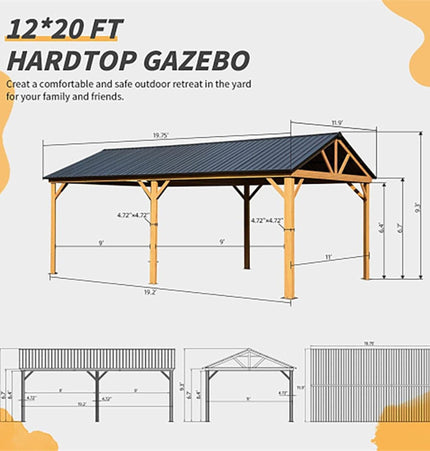 [12X20FT] Premium Outdoor Double - Layer Galvanized Steel Hardtop Gazebo Pergola For Patio (SAK46095) - Pergolas | Patioza