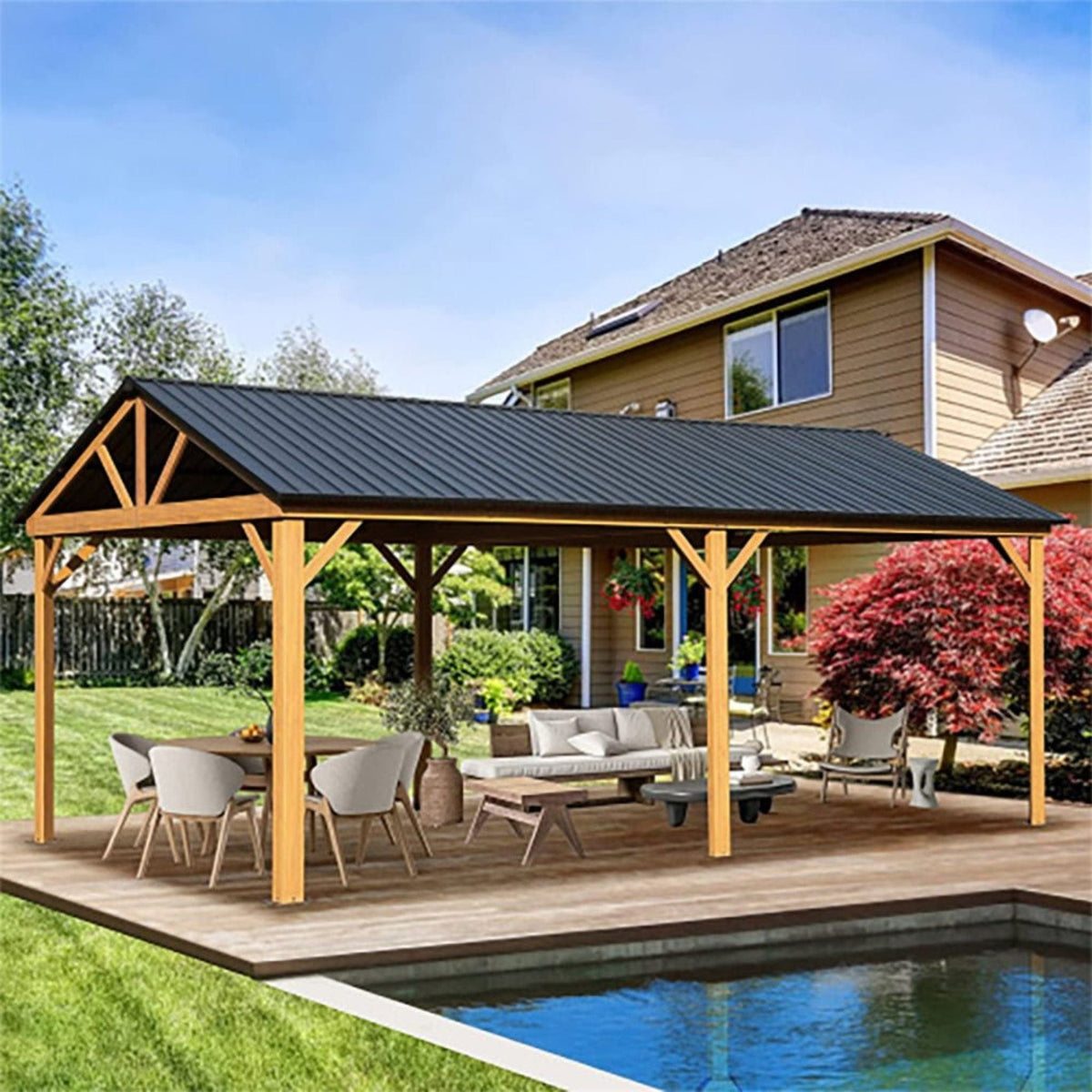 [12X20FT] Premium Outdoor Double - Layer Galvanized Steel Hardtop Gazebo Pergola For Patio (SAK46095) - Pergolas | Patioza