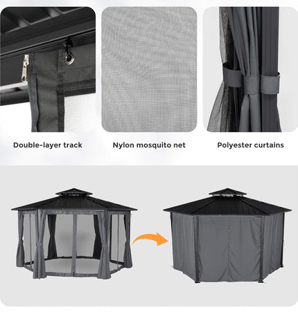 [13X15FT] Alora Hardtop Hexagonal Gazebo With Curtains And Netting [No Furniture] (SAK60713) - Canopies & Gazebos | Patioza
