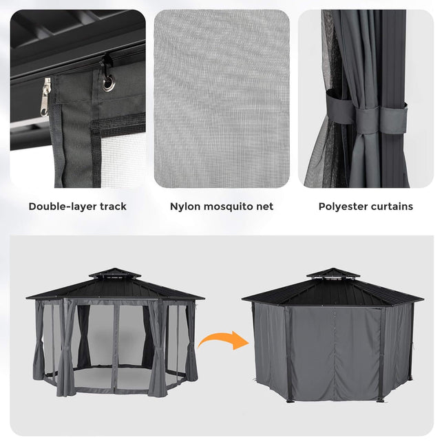 [13X15FT] Alora Hardtop Hexagonal Gazebo With Curtains And Netting [No Furniture] (SAK60713) - Canopies & Gazebos | Patioza