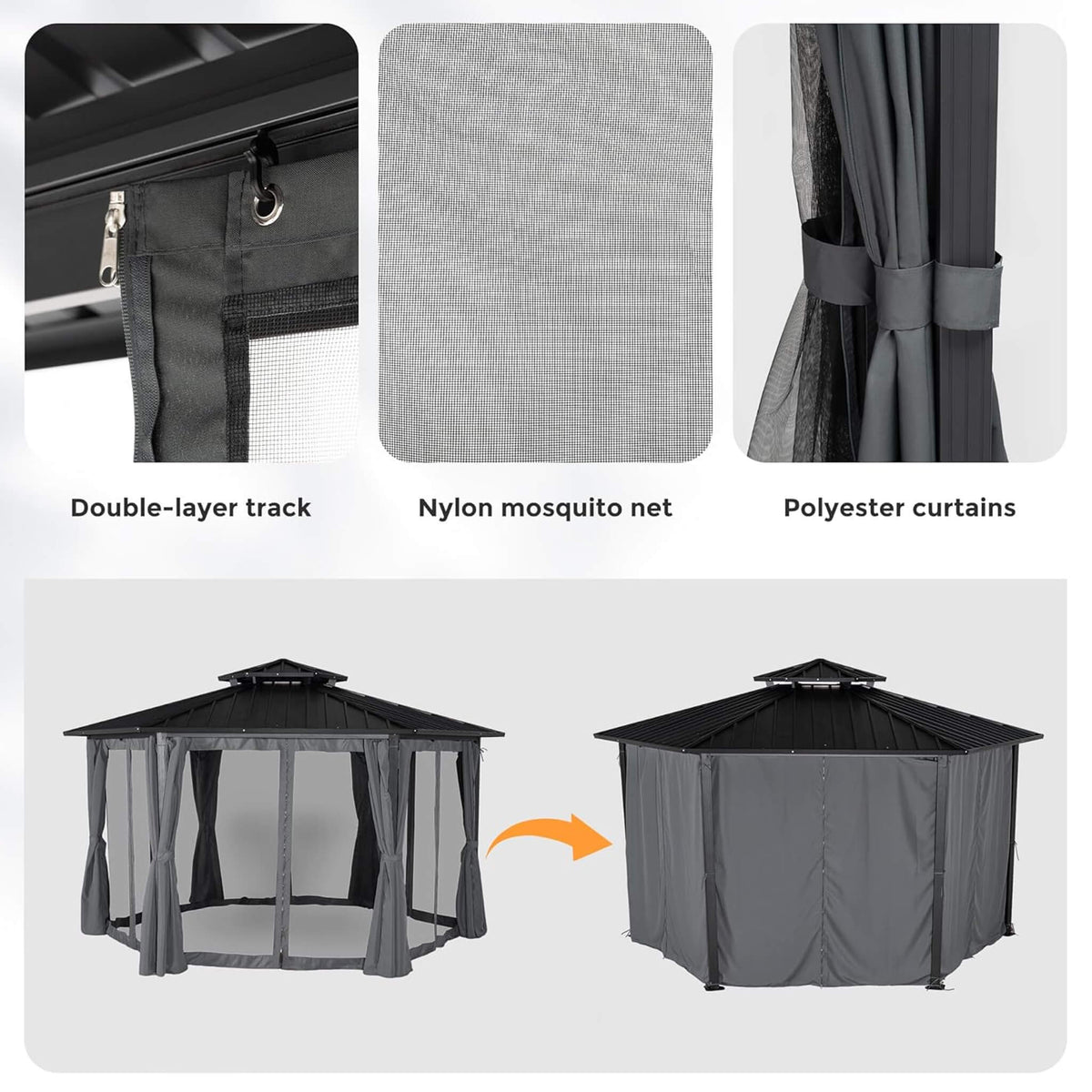 [13X15FT] Alora Hardtop Hexagonal Gazebo With Curtains And Netting [No Furniture] (SAK60713) - Canopies & Gazebos | Patioza