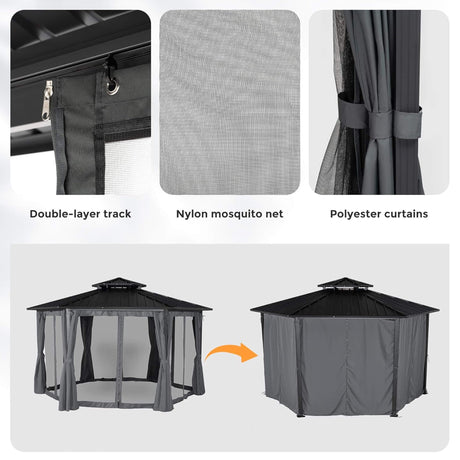 [13X15FT] Alora Hardtop Hexagonal Gazebo With Curtains And Netting [No Furniture] (SAK60713) - Canopies & Gazebos | Patioza