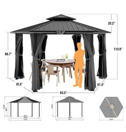 [13X15FT] Alora Hardtop Hexagonal Gazebo With Curtains And Netting [No Furniture] (SAK60713) - Canopies & Gazebos | Patioza