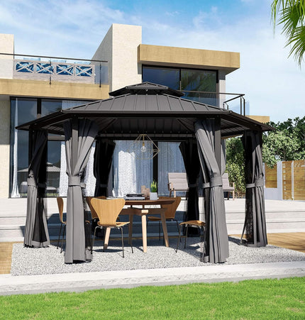 [13X15FT] Alora Hardtop Hexagonal Gazebo With Curtains And Netting [No Furniture] (SAK60713) - Canopies & Gazebos | Patioza