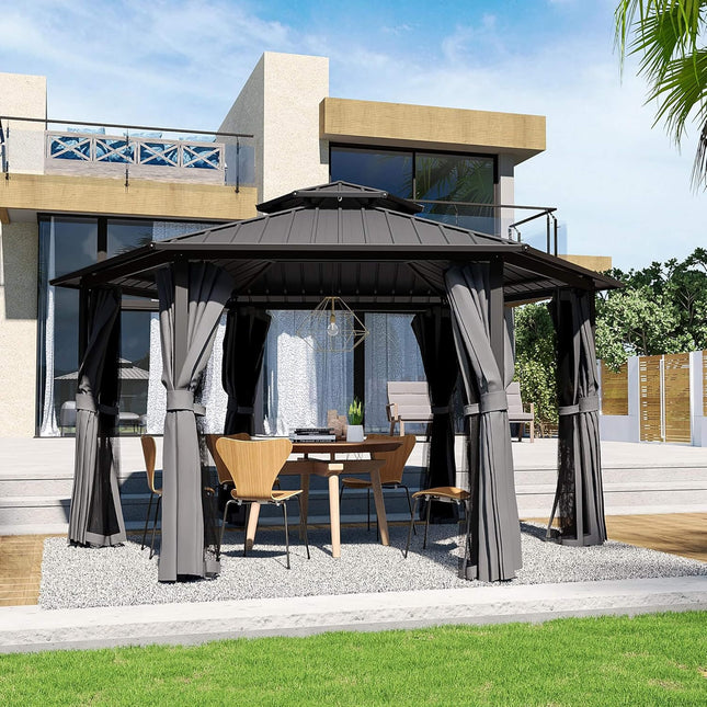 [13X15FT] Alora Hardtop Hexagonal Gazebo With Curtains And Netting [No Furniture] (SAK60713) - Canopies & Gazebos | Patioza