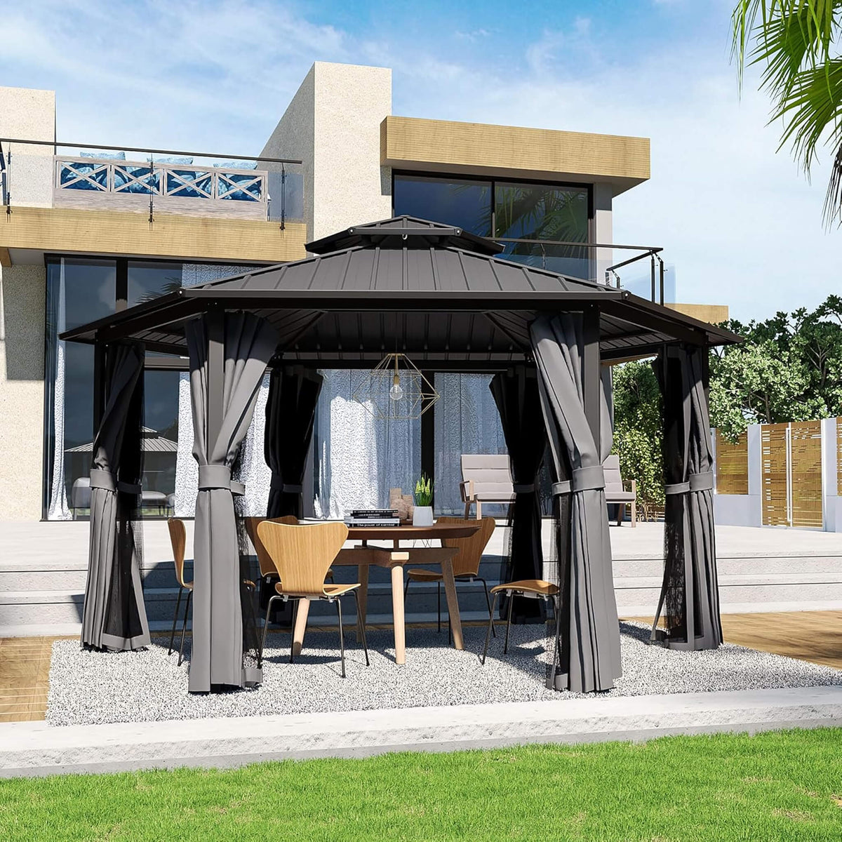 [13X15FT] Alora Hardtop Hexagonal Gazebo With Curtains And Netting [No Furniture] (SAK60713) - Canopies & Gazebos | Patioza