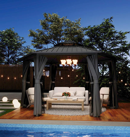 [13X15FT] Alora Hardtop Hexagonal Gazebo With Curtains And Netting [No Furniture] (SAK60713) - Canopies & Gazebos | Patioza
