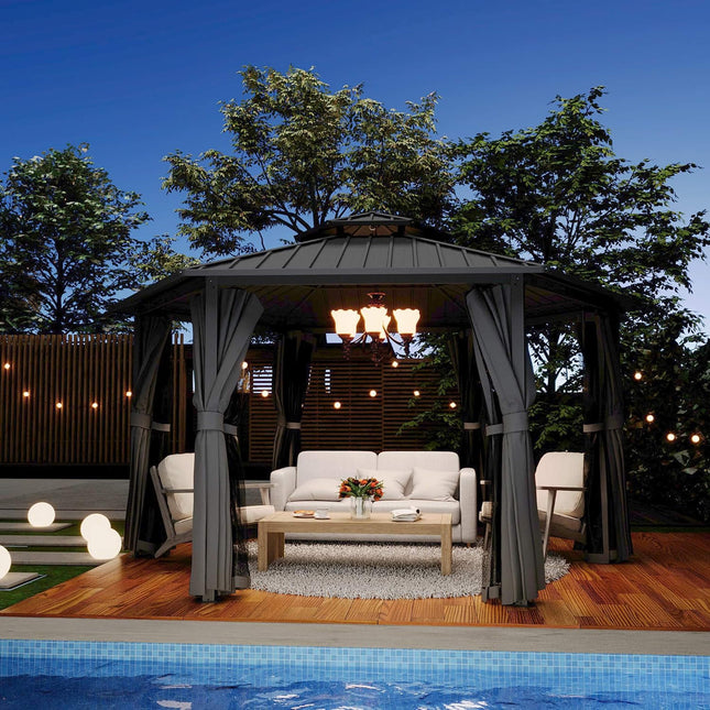 [13X15FT] Alora Hardtop Hexagonal Gazebo With Curtains And Netting [No Furniture] (SAK60713) - Canopies & Gazebos | Patioza