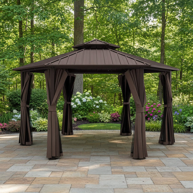 [13X15FT] Alora Hardtop Hexagonal Gazebo With Curtains And Netting [No Furniture] (SAK60713) - Canopies & Gazebos | Patioza