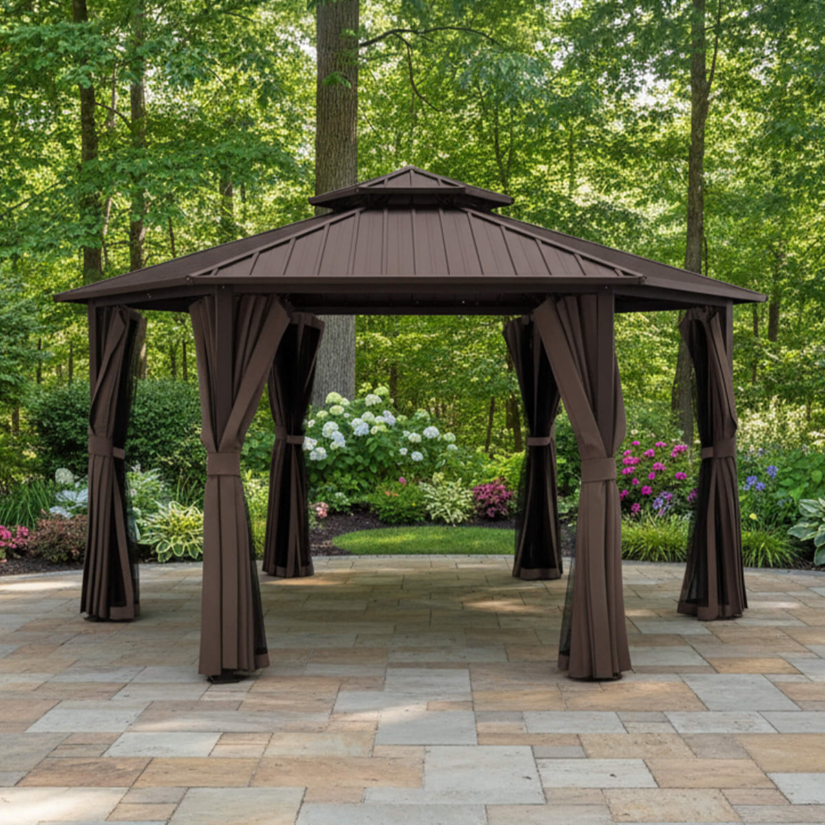 [13X15FT] Alora Hardtop Hexagonal Gazebo With Curtains And Netting [No Furniture] (SAK60713) - Canopies & Gazebos | Patioza