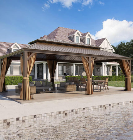 [14X24FT] Alora Heavy - Duty Aluminum Galvanized Steel Double Roof Hardtop Gazebo With Netting And Curtains (SAK41853) - Gazebos | Patioza