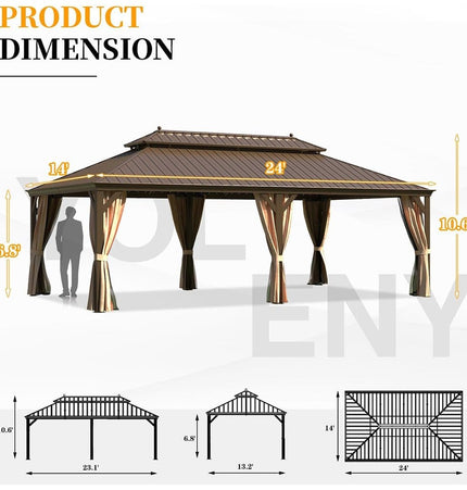 [14X24FT] Alora Heavy - Duty Aluminum Galvanized Steel Double Roof Hardtop Gazebo With Netting And Curtains (SAK41853) - Gazebos | Patioza