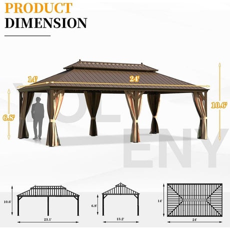 [14X24FT] Alora Heavy - Duty Aluminum Galvanized Steel Double Roof Hardtop Gazebo With Netting And Curtains (SAK41853) - Gazebos | Patioza