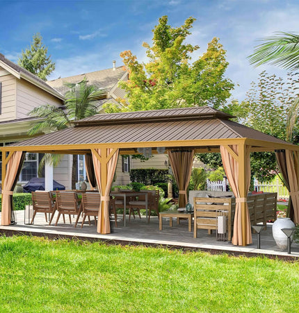 [14X24FT] Alora Heavy - Duty Aluminum Galvanized Steel Double Roof Hardtop Gazebo With Netting And Curtains (SAK41853) - Gazebos | Patioza