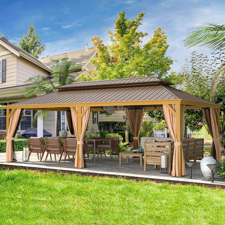 [14X24FT] Alora Heavy - Duty Aluminum Galvanized Steel Double Roof Hardtop Gazebo With Netting And Curtains (SAK41853) - Gazebos | Patioza