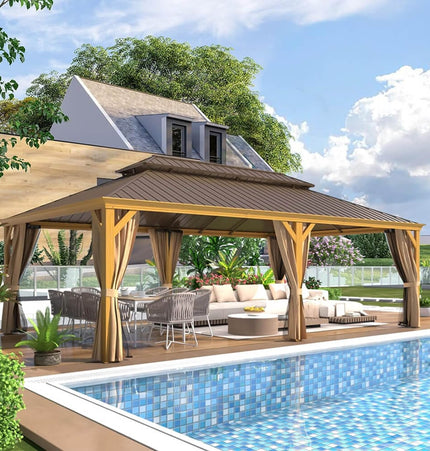 [14X24FT] Alora Heavy - Duty Aluminum Galvanized Steel Double Roof Hardtop Gazebo With Netting And Curtains (SAK41853) - Gazebos | Patioza