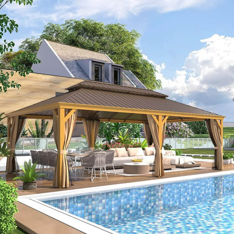 [14X24FT] Alora Heavy - Duty Aluminum Galvanized Steel Double Roof Hardtop Gazebo With Netting And Curtains (SAK41853) - Gazebos | Patioza