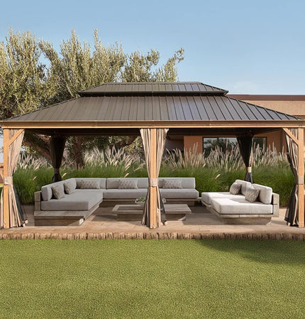 [14X24FT] Alora Heavy - Duty Aluminum Galvanized Steel Double Roof Hardtop Gazebo With Netting And Curtains (SAK41853) - Gazebos | Patioza