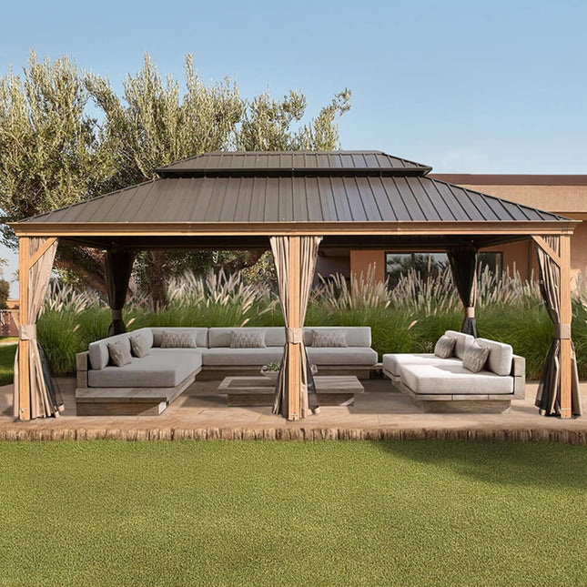 [14X24FT] Alora Heavy - Duty Aluminum Galvanized Steel Double Roof Hardtop Gazebo With Netting And Curtains (SAK41853) - Gazebos | Patioza