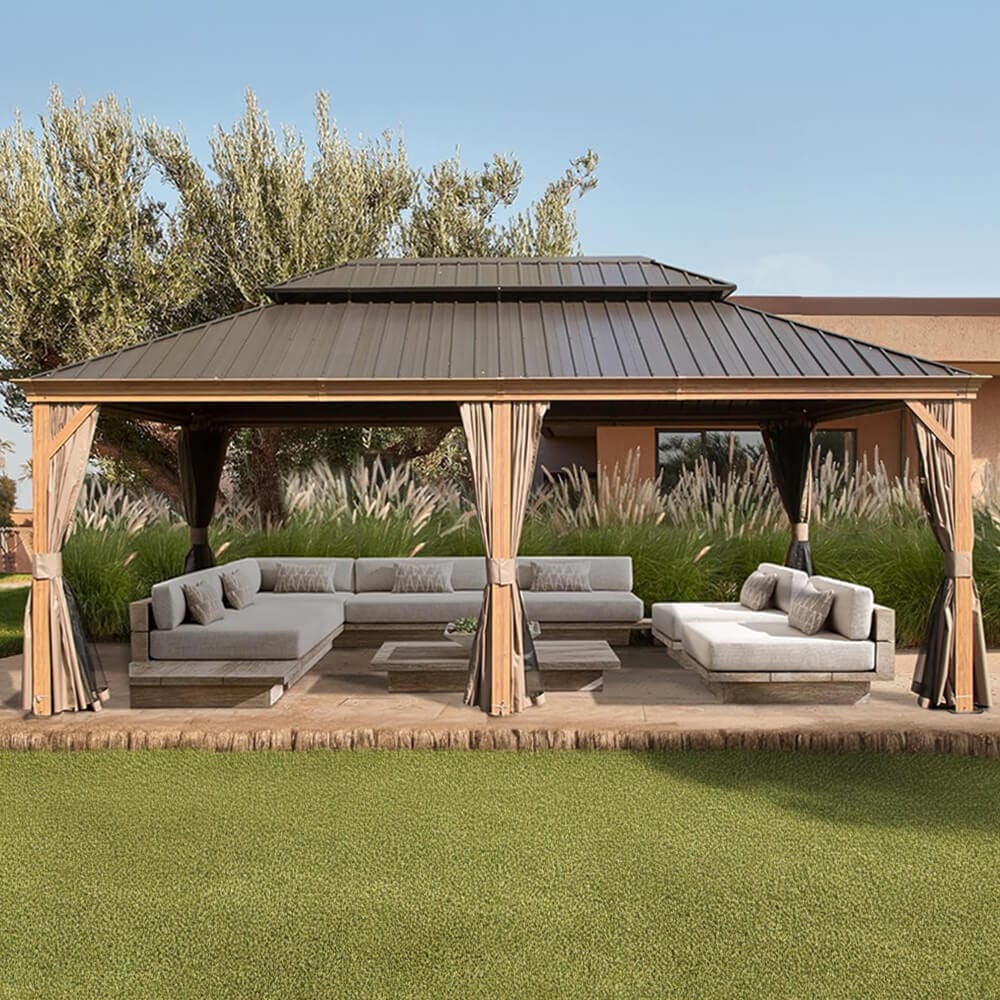 [14X24FT] Alora Heavy - Duty Aluminum Galvanized Steel Double Roof Hardtop Gazebo With Netting And Curtains (SAK41853) - Gazebos | Patioza