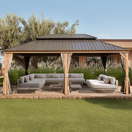 [14X24FT] Alora Heavy - Duty Aluminum Galvanized Steel Double Roof Hardtop Gazebo With Netting And Curtains (SAK41853) - Gazebos | Patioza