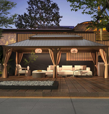 [14X24FT] Alora Heavy - Duty Aluminum Galvanized Steel Double Roof Hardtop Gazebo With Netting And Curtains (SAK41853) - Gazebos | Patioza