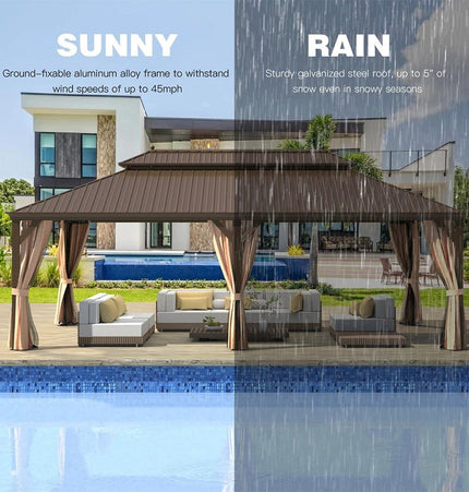[14X24FT] Alora Heavy - Duty Aluminum Galvanized Steel Double Roof Hardtop Gazebo With Netting And Curtains (SAK41853) - Gazebos | Patioza