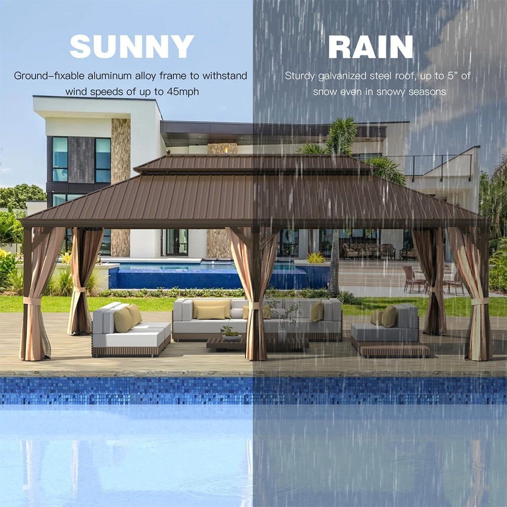 [14X24FT] Alora Heavy - Duty Aluminum Galvanized Steel Double Roof Hardtop Gazebo With Netting And Curtains (SAK41853) - Gazebos | Patioza
