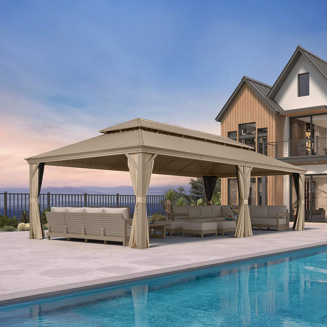 [14X28FT] Alora Extra - Large Hardtop Gazebo With Galvanized Steel Double Roof, Curtains And Netting (SAK85731) - Gazebos | Patioza