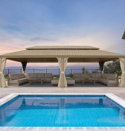 [14X28FT] Alora Extra - Large Hardtop Gazebo With Galvanized Steel Double Roof, Curtains And Netting (SAK85731) - Gazebos | Patioza