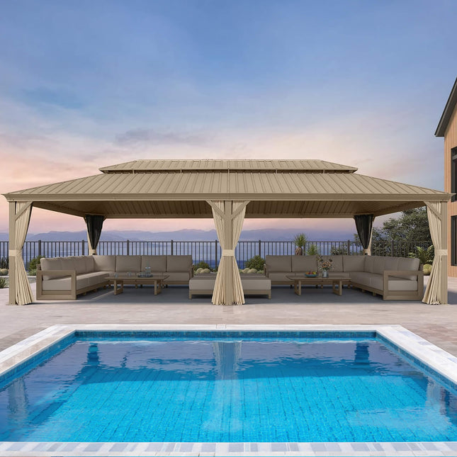 [14X28FT] Alora Extra - Large Hardtop Gazebo With Galvanized Steel Double Roof, Curtains And Netting (SAK85731) - Gazebos | Patioza
