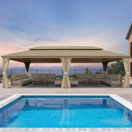 [14X28FT] Alora Extra - Large Hardtop Gazebo With Galvanized Steel Double Roof, Curtains And Netting (SAK85731) - Gazebos | Patioza