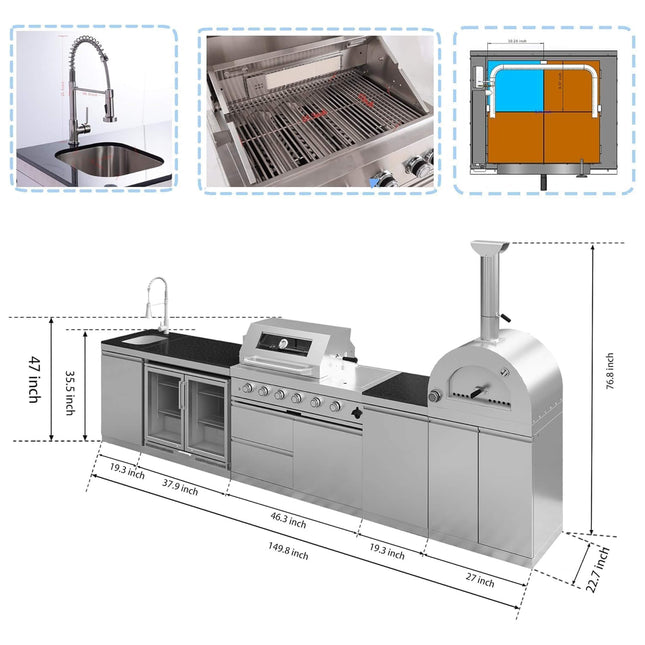 Blazon 150-Inch 4-Burner 108K BTU Outdoor Kitchen Island With Pizza Oven, Rotisserie & Refrigerator (SAK36412) - Outdoor Kitchen Islands | Patioza