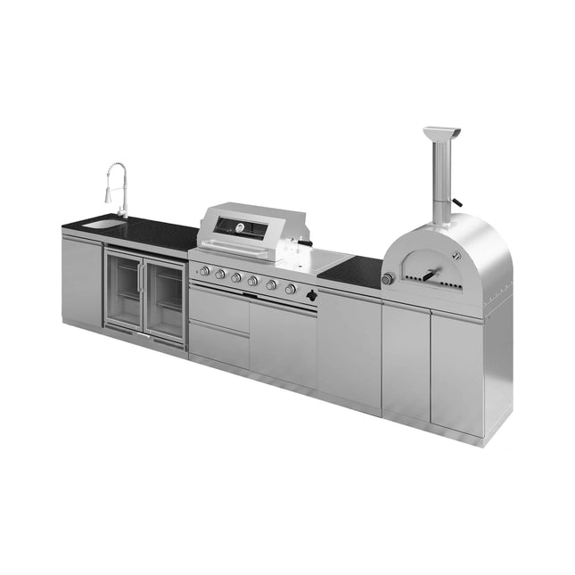 Blazon 150-Inch 4-Burner 108K BTU Outdoor Kitchen Island With Pizza Oven, Rotisserie & Refrigerator (SAK36412) - Outdoor Kitchen Islands | Patioza