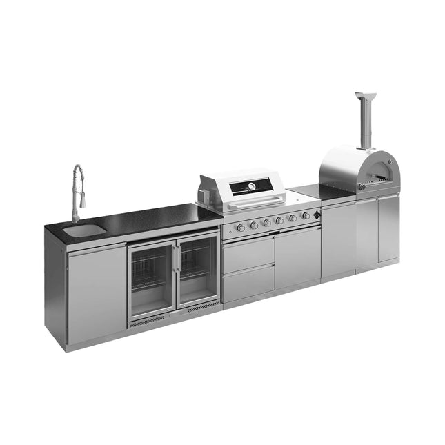 Blazon 150-Inch 4-Burner 108K BTU Outdoor Kitchen Island With Pizza Oven, Rotisserie & Refrigerator (SAK36412) - Outdoor Kitchen Islands | Patioza