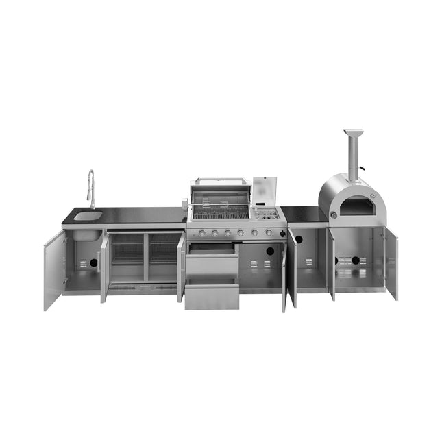 Blazon 150-Inch 4-Burner 108K BTU Outdoor Kitchen Island With Pizza Oven, Rotisserie & Refrigerator (SAK36412) - Outdoor Kitchen Islands | Patioza