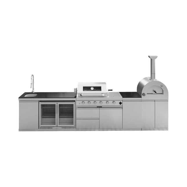 Blazon 150-Inch 4-Burner 108K BTU Outdoor Kitchen Island With Pizza Oven, Rotisserie & Refrigerator (SAK36412) - Outdoor Kitchen Islands | Patioza