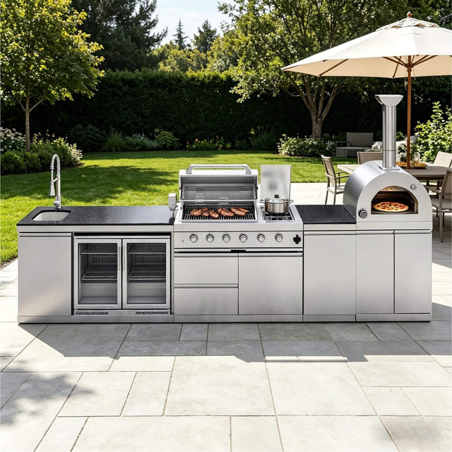 Blazon 150-Inch 4-Burner 108K BTU Outdoor Kitchen Island With Pizza Oven, Rotisserie & Refrigerator (SAK36412) - Outdoor Kitchen Islands | Patioza