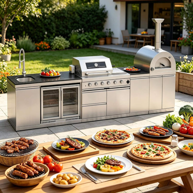 Blazon 150-Inch 4-Burner 108K BTU Outdoor Kitchen Island With Pizza Oven, Rotisserie & Refrigerator (SAK36412) - Outdoor Kitchen Islands | Patioza