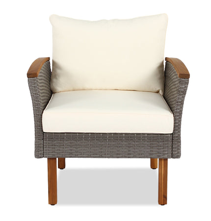 9 - piece Patio rattan furniture set with Acacia wooden legs and tabletop sofa set, coffee table washable cushion beige - Patio Furniture | Patioza