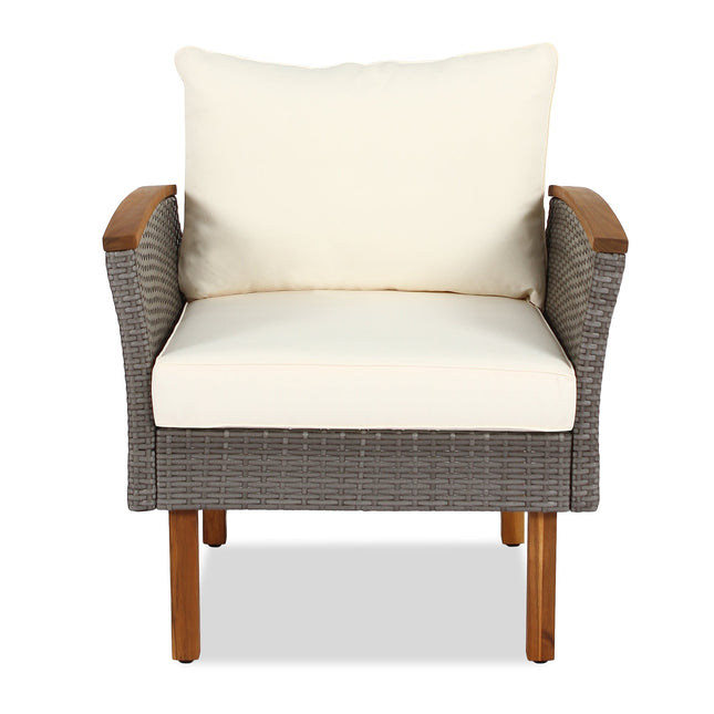 9 - piece Patio rattan furniture set with Acacia wooden legs and tabletop sofa set, coffee table washable cushion beige - Patio Furniture | Patioza