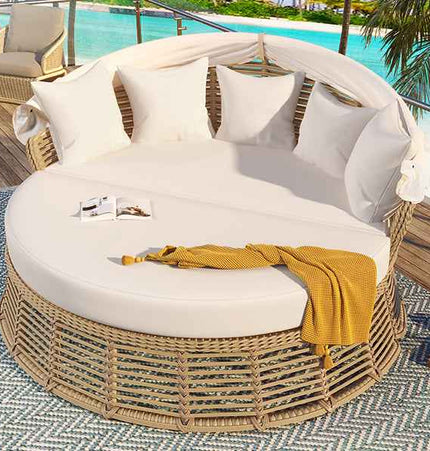 Outdoor Patio Rattan Round Daybed with Retractable Canopy, Wicker - Furniture | Patioza
